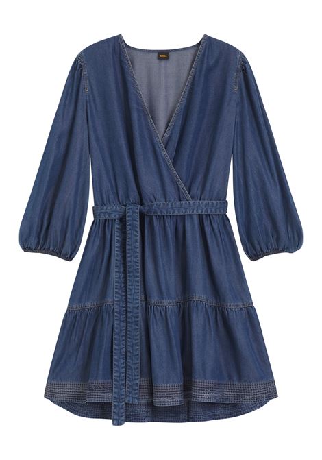 BOSS vestito in lyocell effetto denim con parte anteriore incrociata e maniche a palloncino BOSS | Abiti | 50559071420