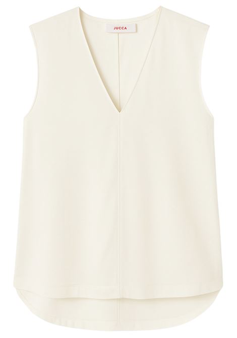 Cream satin sleeveless top with V-neck, flowing line and clean finish. Essential elegance by JUCCA. JUCCA |  | J4152016/L/03045