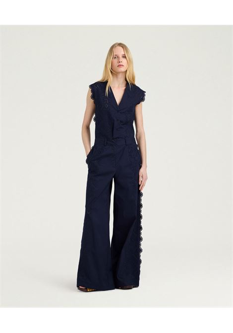 Pantaloni Palazzo Lienzo in Popeline Sangallo Blu MOMONI | Pantaloni | 261MMOPA0070890