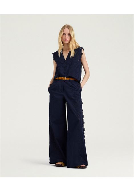 Pantaloni Palazzo Lienzo in Popeline Sangallo Blu MOMONI | Pantaloni | 261MMOPA0070890