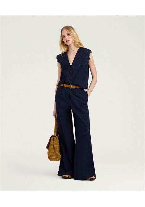 Pantaloni Palazzo Lienzo in Popeline Sangallo Blu MOMONI | Pantaloni | 261MMOPA0070890