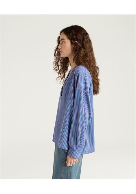 Blusa Momonì Prickly Boxy in Viscosa Seta Bacchettata - Scollo a V MOMONI | Bluse | MOBL0068125