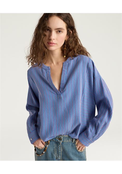 Blusa Momonì Prickly Boxy in Viscosa Seta Bacchettata - Scollo a V MOMONI | Bluse | MOBL0068125