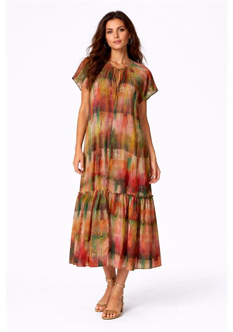 Momonì vestito Paloma lungo in habutai di pura seta stampata multicolor verde MOMONI | Vestiti | MODR0227008