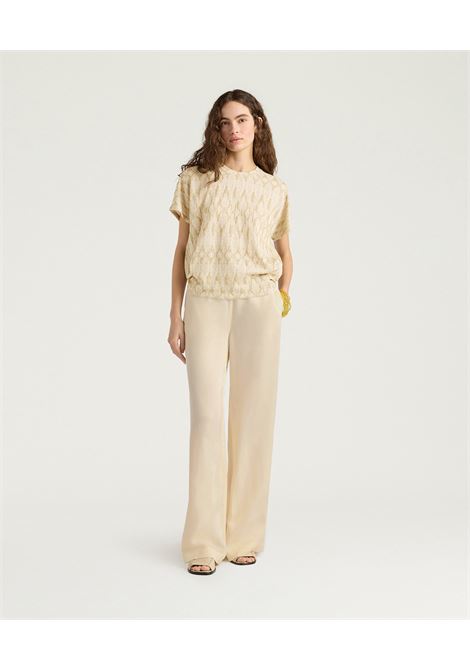 Pantaloni a Gamba Ampia Momonì Marajo in Cady di Viscosa - Crema MOMONI | Pantaloni | MOPA0210026