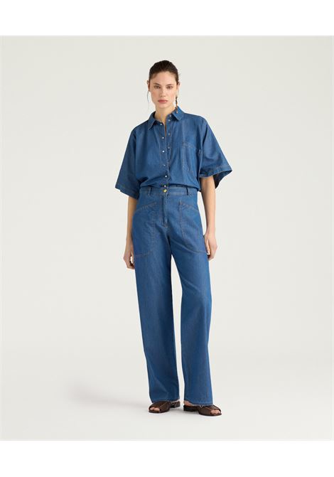 Pantaloni a Gamba Ampia Momonì in Chambray di Cotone - Lavaggio Medio MOMONI | Pantaloni | MOPA0220890