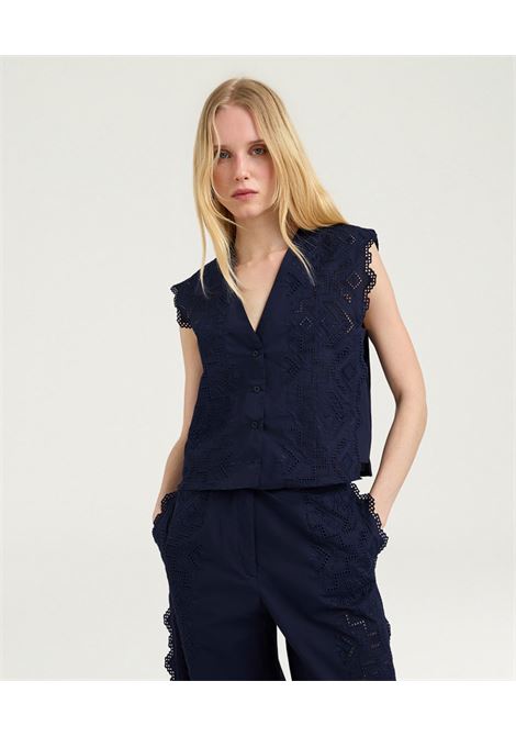 Gilet Boxy Momonì Cielo in Popeline Sangallo - Blu MOMONI | Top & T-shirt | MOTO0050890