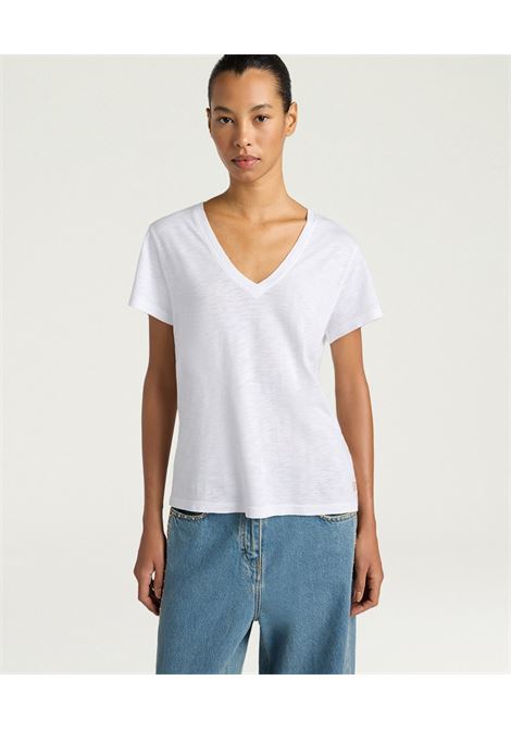 T-shirt con Scollo a V Momonì Cardon in Cotone e Viscosa - Bianco Ottico MOMONI | T-shirt | MOTS0090010
