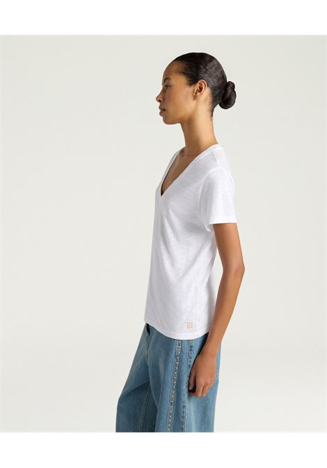T-shirt con Scollo a V Momonì Cardon in Cotone e Viscosa - Bianco Ottico MOMONI | T-shirt | MOTS0090010