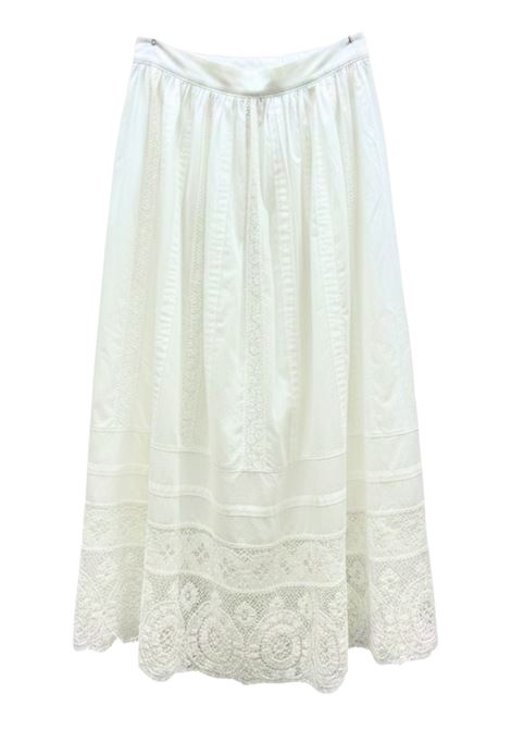 SEMICOUTURE Marlena Midi Cotton Skirt with Lace Inserts in Optical White SEMICOUTURE |  | S6SG29A03-0