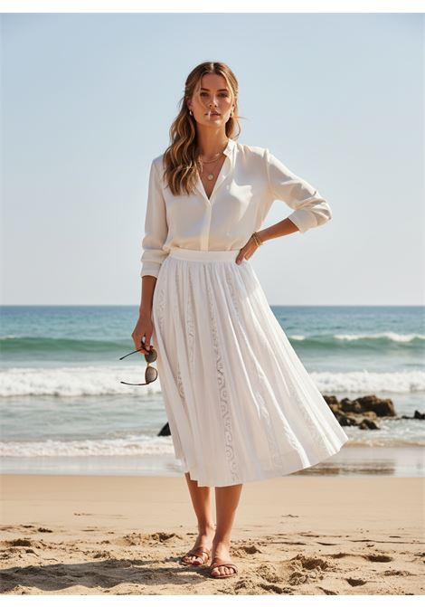 SEMICOUTURE Marlena Midi Cotton Skirt with Lace Inserts in Optical White SEMICOUTURE |  | S6SG29A03-0