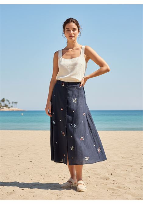 Gonna Faustine Midi in Lino Ricamato Nero SEMICOUTURE | Gonna | S6SN59FLW66