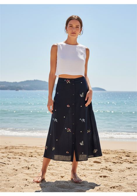 Gonna Faustine Midi in Lino Ricamato Nero SEMICOUTURE | Gonna | S6SN59FLW66