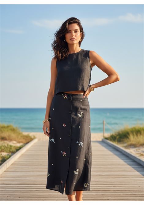 Gonna Faustine Midi in Lino Ricamato Nero SEMICOUTURE | Gonna | S6SN59FLW66
