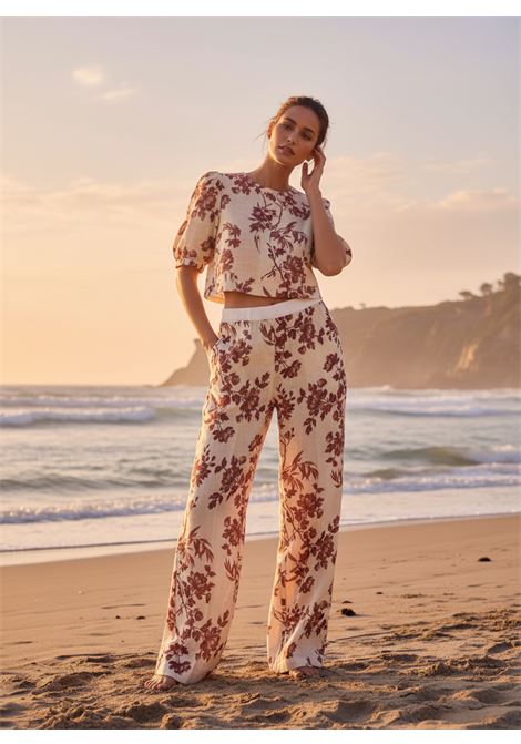 Pantaloni Comfort in Lino Stampato color Fiore Ecru SEMICOUTURE | Pantaloni | S6SS66FLW65