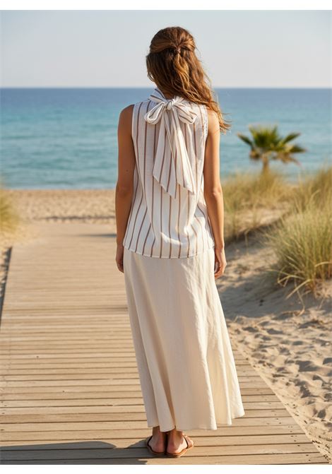 Top Jana Smanicato in Cotone e Seta a Righe Bianco e Juta SEMICOUTURE | Top & T-shirt | Y6SK51RG105