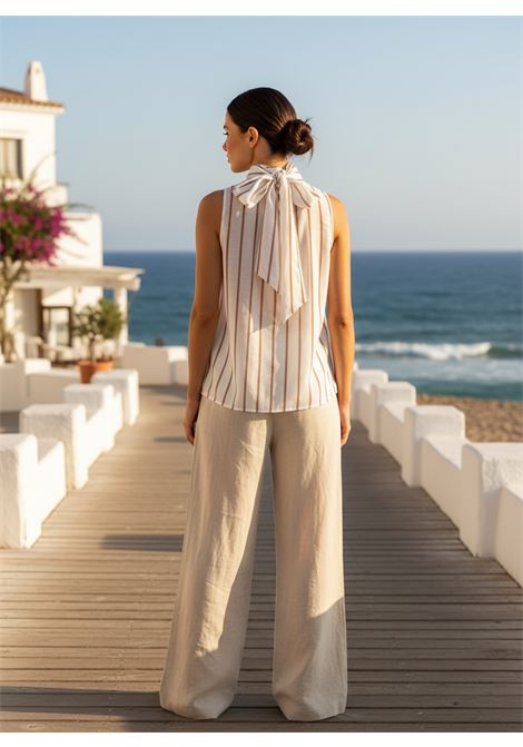 Top Jana Smanicato in Cotone e Seta a Righe Bianco e Juta SEMICOUTURE | Top & T-shirt | Y6SK51RG105