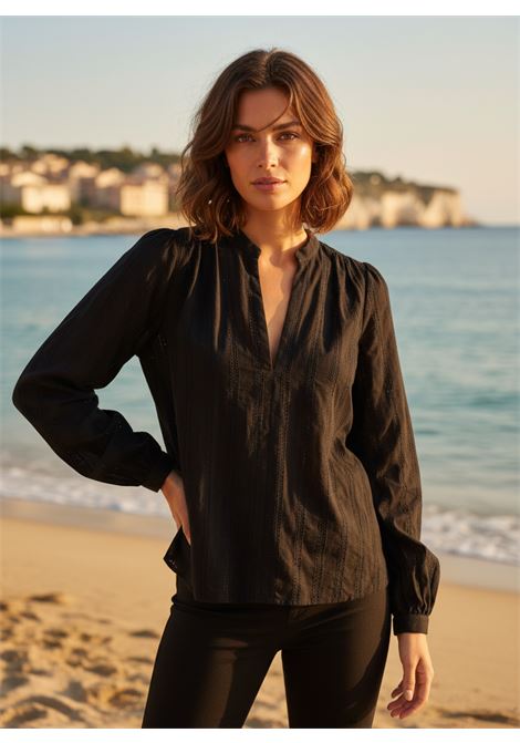 SEMICOUTURE Nahia V-Neck Eyelet Cotton Blouse in Black SEMICOUTURE |  | Y6SL02Y69-0
