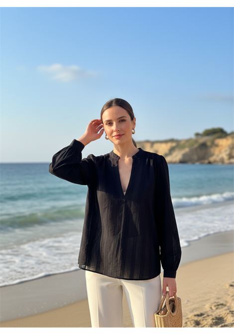 SEMICOUTURE Nahia V-Neck Eyelet Cotton Blouse in Black SEMICOUTURE |  | Y6SL02Y69-0
