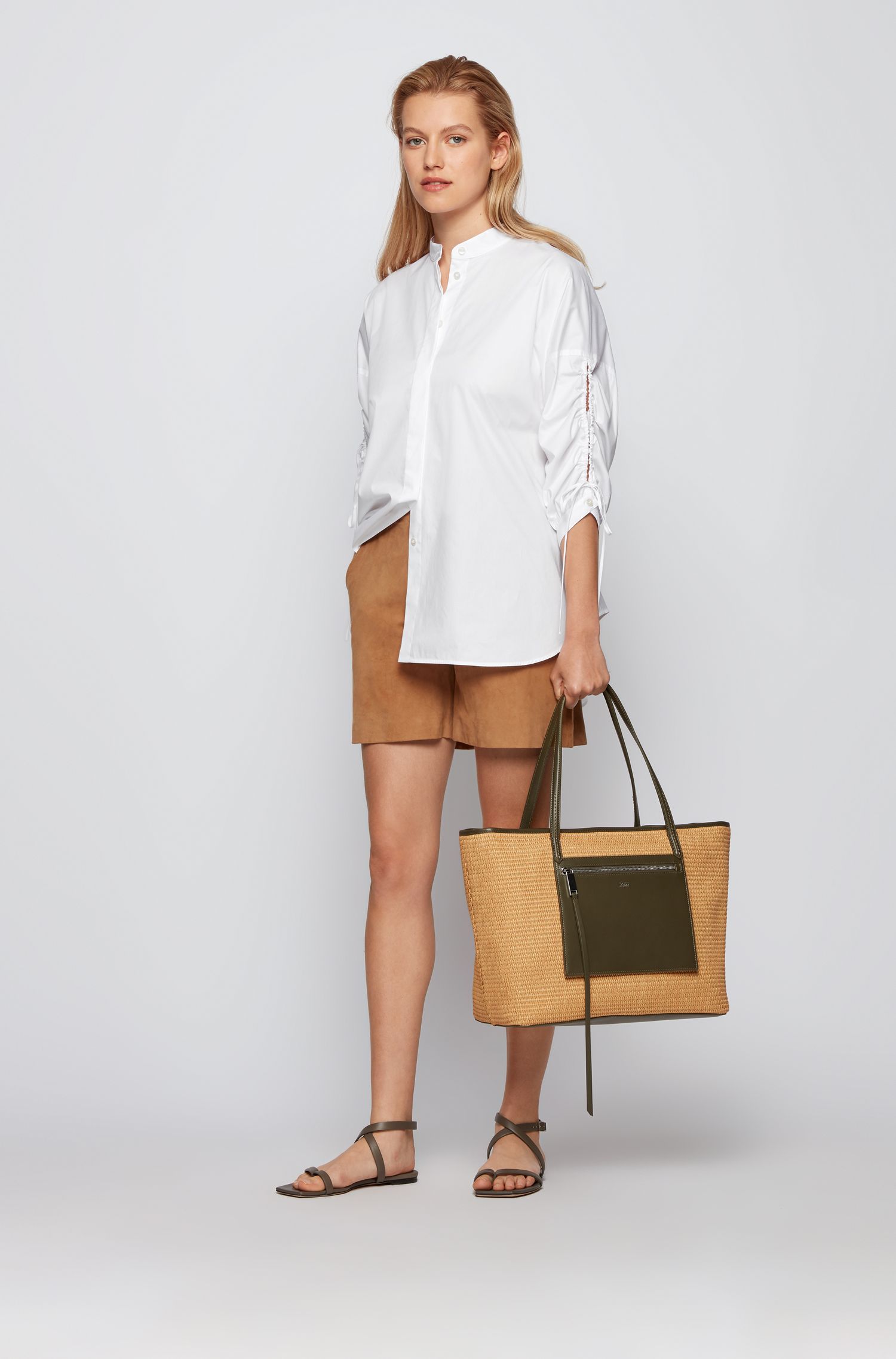 Raffia shopper bag with leather pocket and zip puller BOSS | Bags | 50454829118